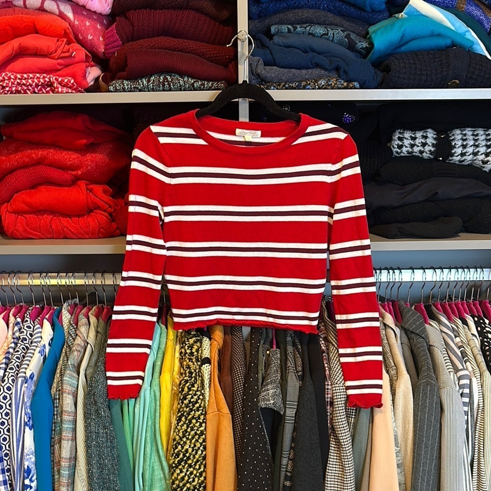 Ultra Flirt red/white/purple striped long sleeve crew neck crop sweater size XS